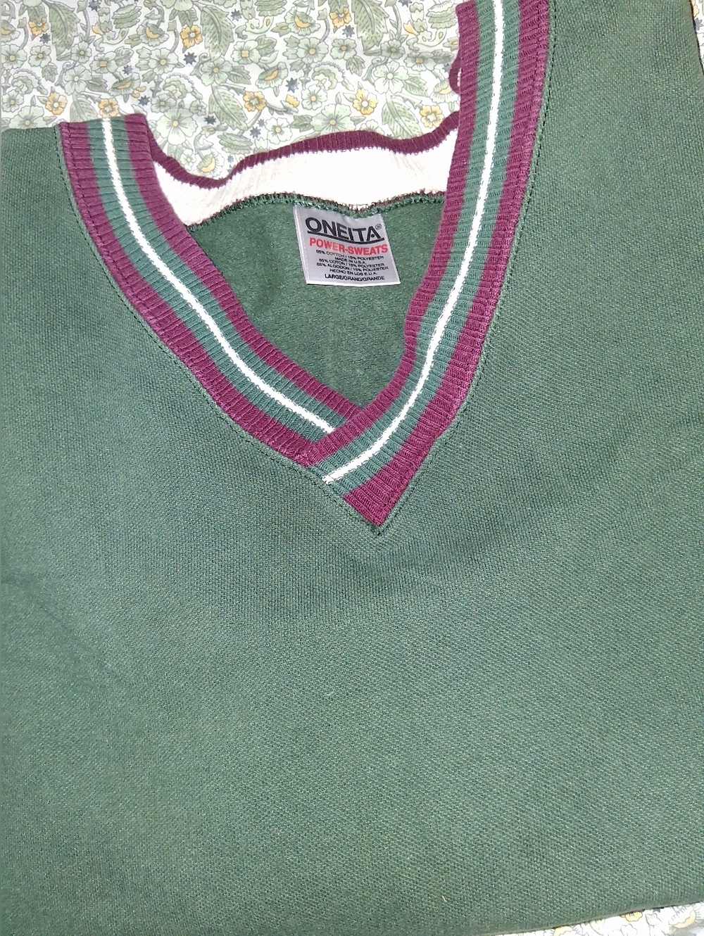 Onieta Green V-Neck Sweater with Burgundy Trim